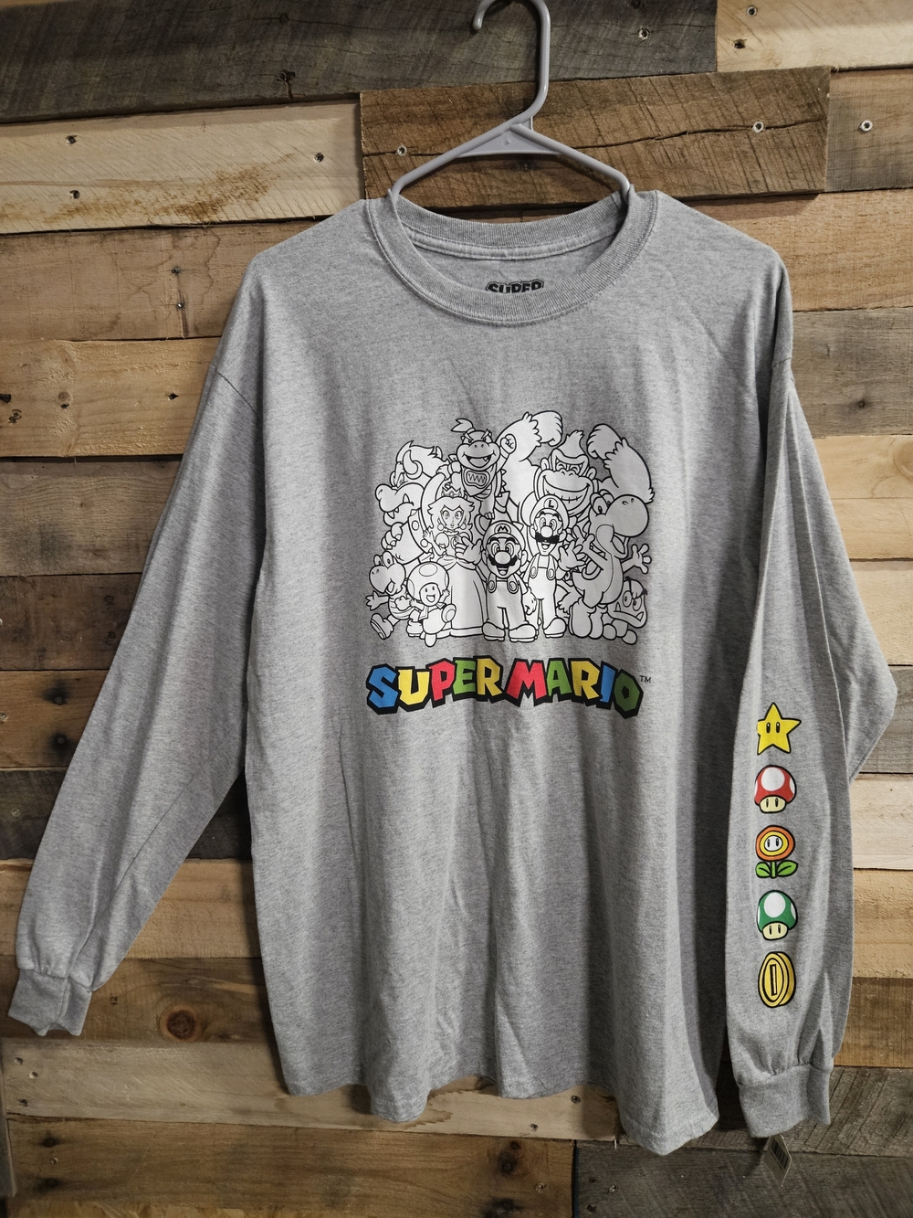 Nintendo Super Mario Gray Long Sleeve Tee with Multicolor Logo